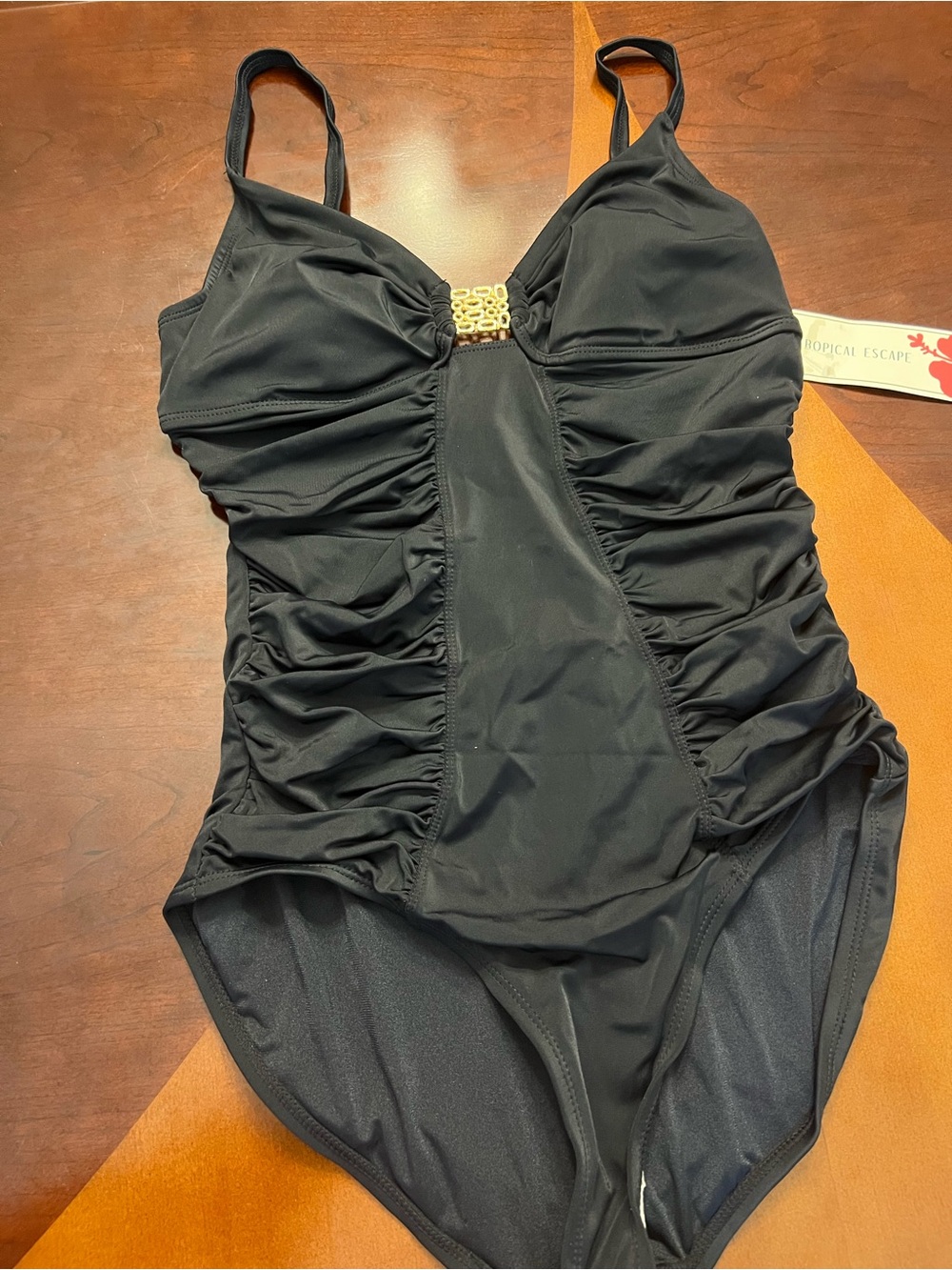 Tropical Escape Black One-Piece Swimsuit with Gold Accent